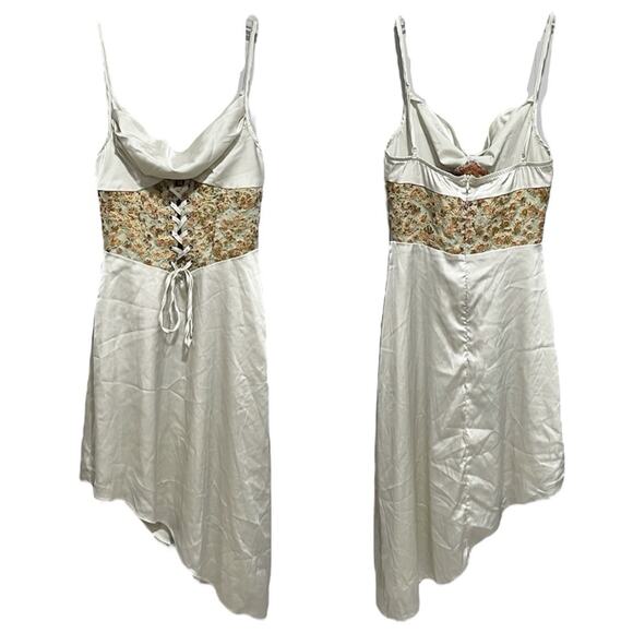 Boho Fairy Renaissance Asymmetricl Hem Dress Size XS Beige Satin Faux Corset - Picture 1 of 8